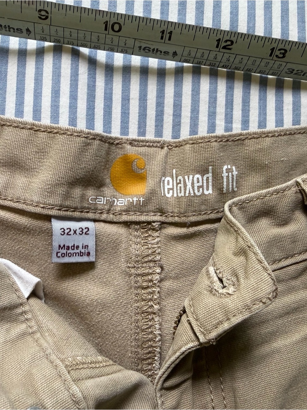 Carhartt Men's Relaxed Fit Pants in Khaki Brown with Yellow Logo